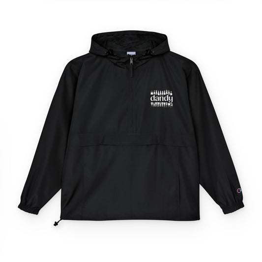 Dandy Teeth Packable Anorak Jacket — Minimal Black Hooded Windbreaker with White Paint-Splash Chest Print