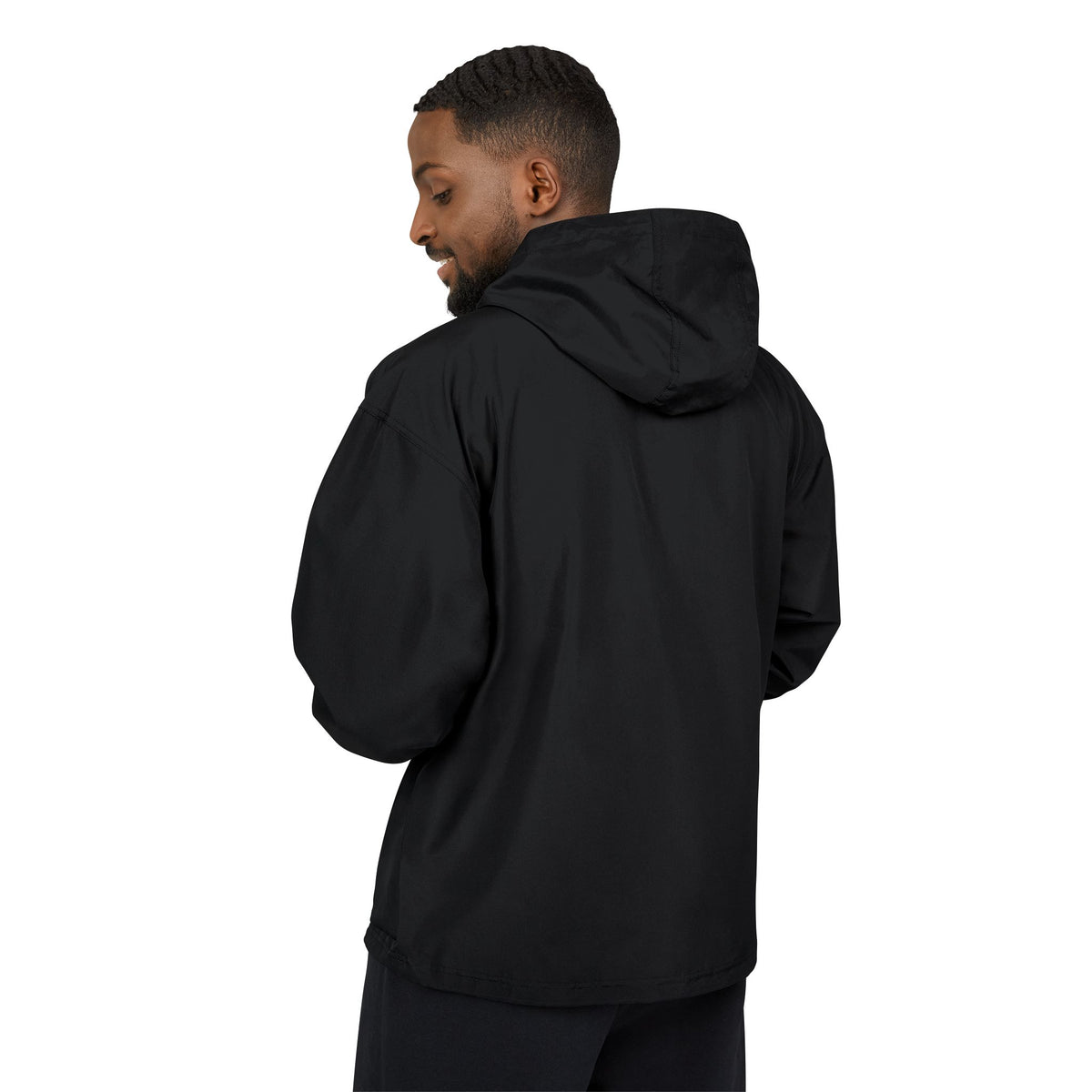 Dandy x DCA Teeth Packable Anorak Jacket — Minimal Black Hooded Windbreaker with White Paint-Splash Chest Print
