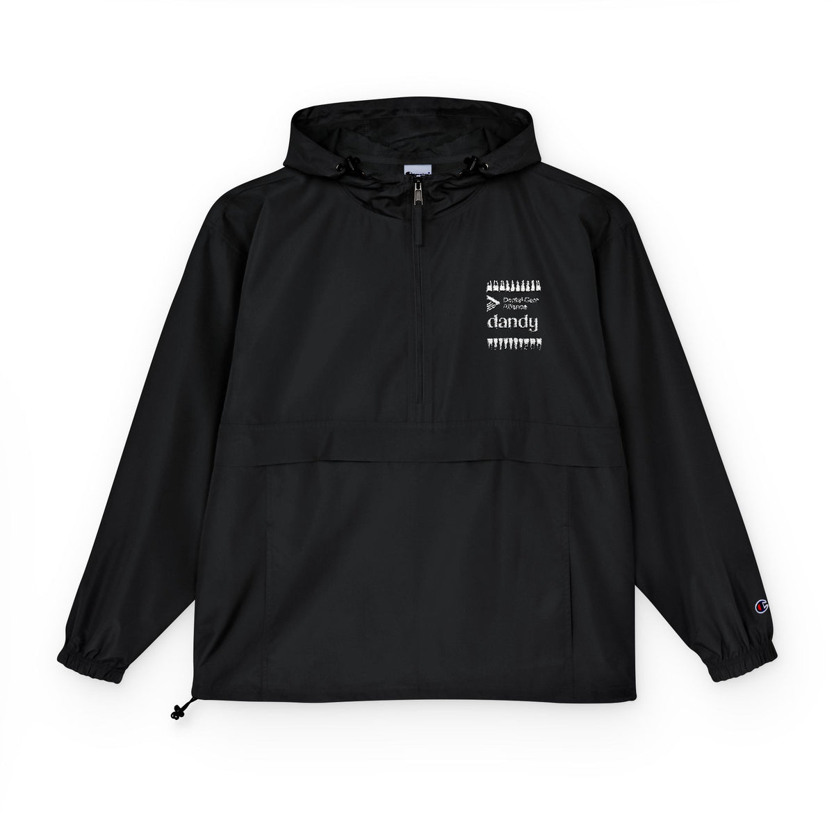 Dandy x DCA Teeth Packable Anorak Jacket — Minimal Black Hooded Windbreaker with White Paint-Splash Chest Print