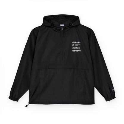 Dandy x DCA Teeth Packable Anorak Jacket — Minimal Black Hooded Windbreaker with White Paint-Splash Chest Print